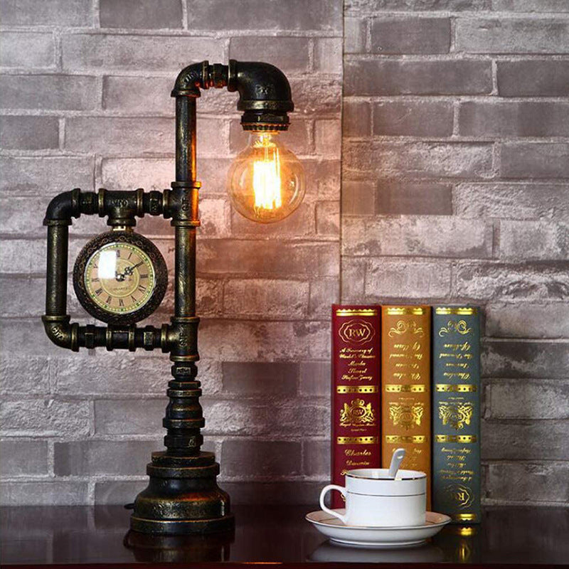 Retro-Tischlampe Aus Metall Mit Uhr – Industriestil In Bronze, Ohne Leuchtmittel