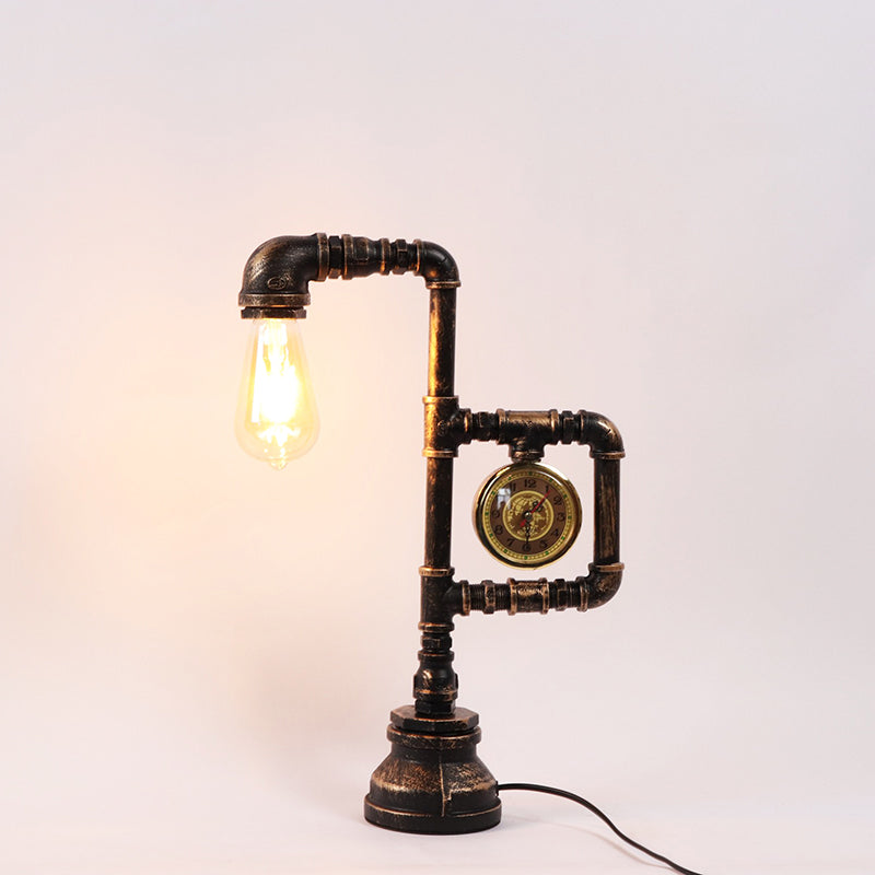 Retro-Tischlampe Aus Metall Mit Uhr – Industriestil In Bronze, Ohne Leuchtmittel