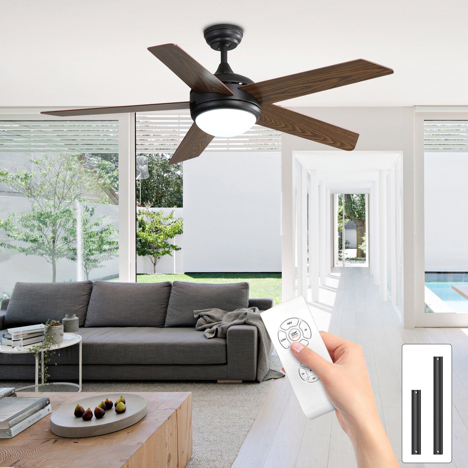 Moderner Deckenventilator 52 Zoll mit Holzflügeln, Dimmbarer LED-Lampe & Fernsteuerung