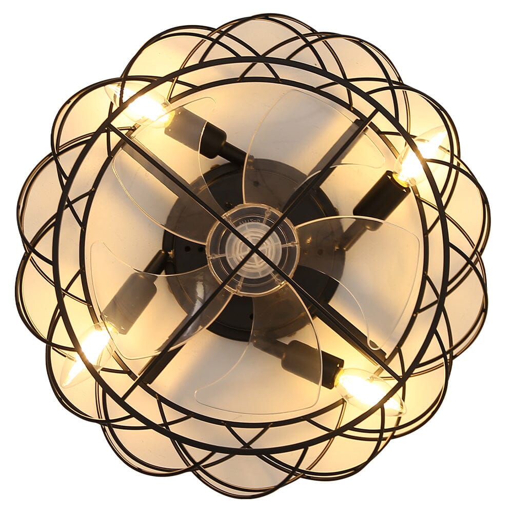 Schwarzer Deckenventilator mit Schutzkäfig und integrierter Beleuchtung