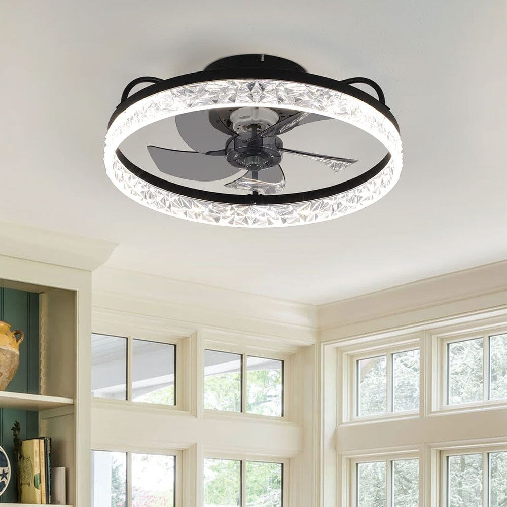 Schwarzer runder Kristall-Deckenventilator 48 cm mit integrierter Beleuchtung