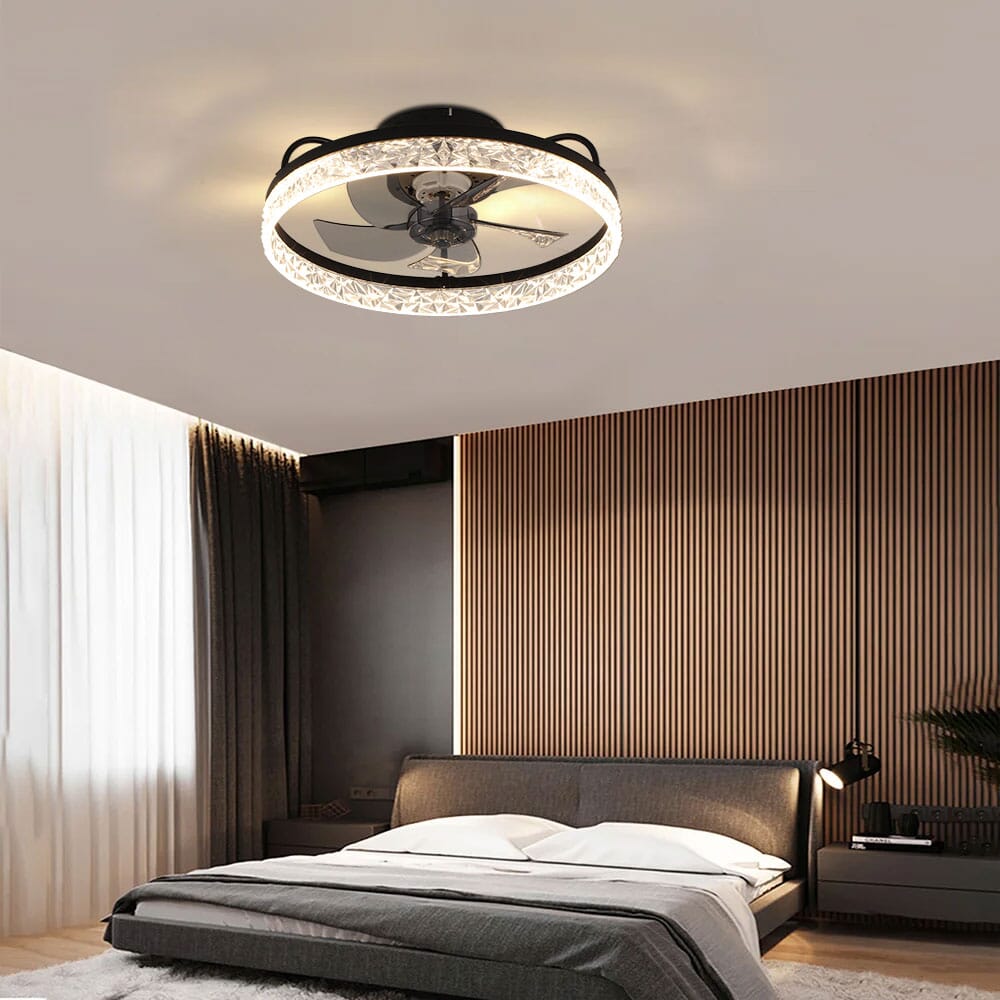Schwarzer runder Kristall-Deckenventilator 48 cm mit integrierter Beleuchtung