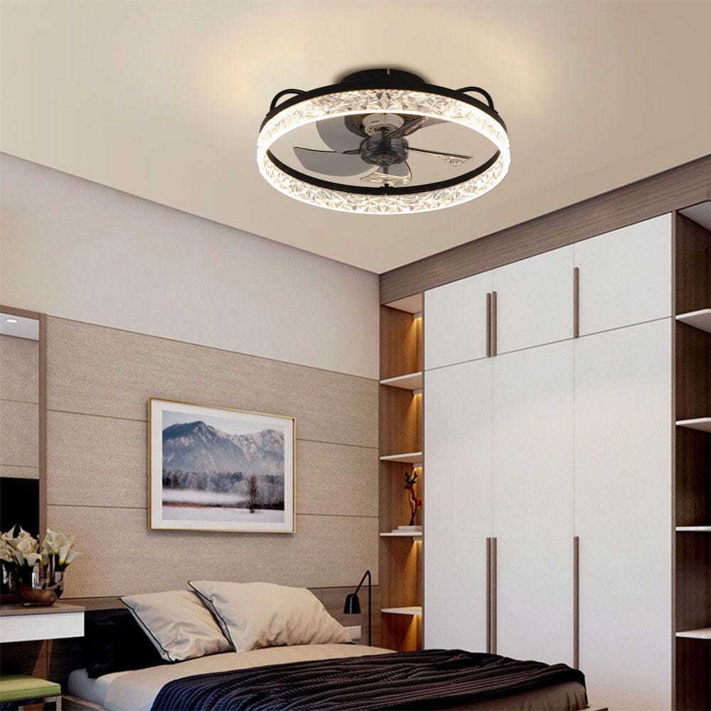 Schwarzer runder Kristall-Deckenventilator 48 cm mit integrierter Beleuchtung