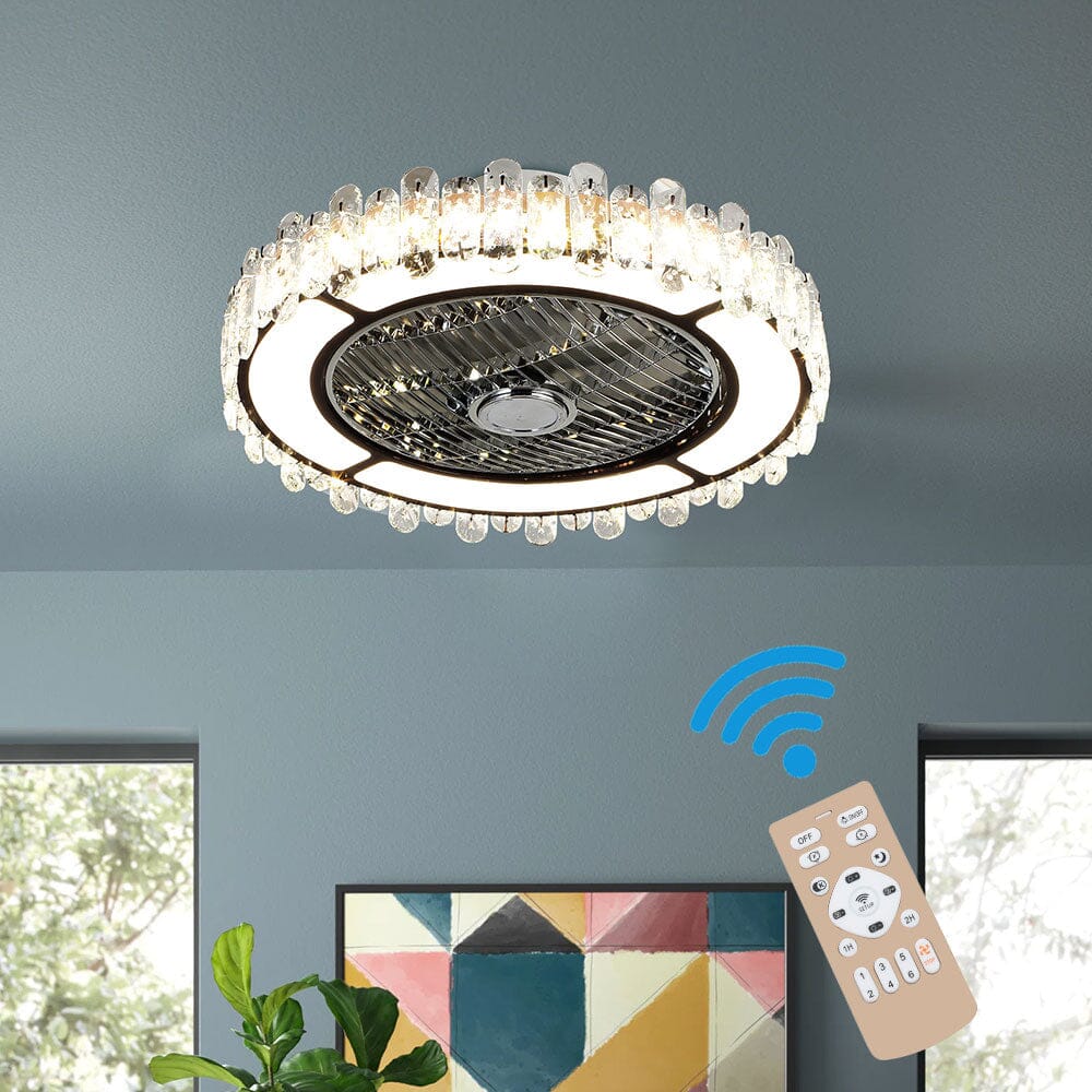 Flach montierbarer Deckenventilator mit LED und rundem Kristall-Lampenschirm