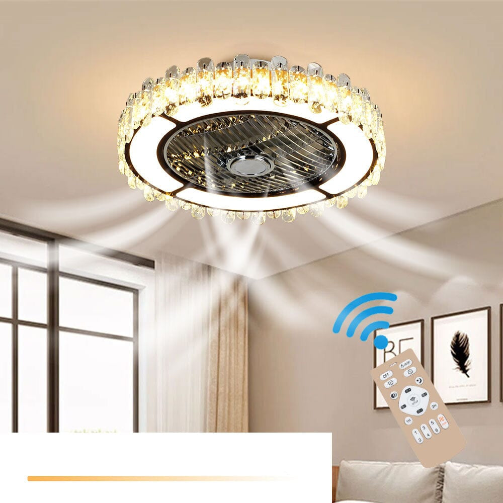 Flach montierbarer Deckenventilator mit LED und rundem Kristall-Lampenschirm