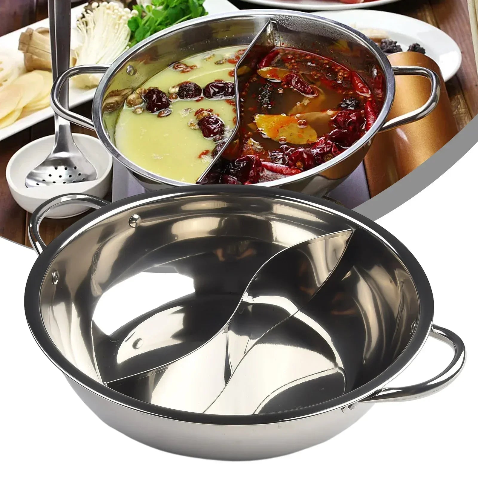 Edelstahl Suki-Pfanne mit Zwei Fächern für Vielseitiges Kochen