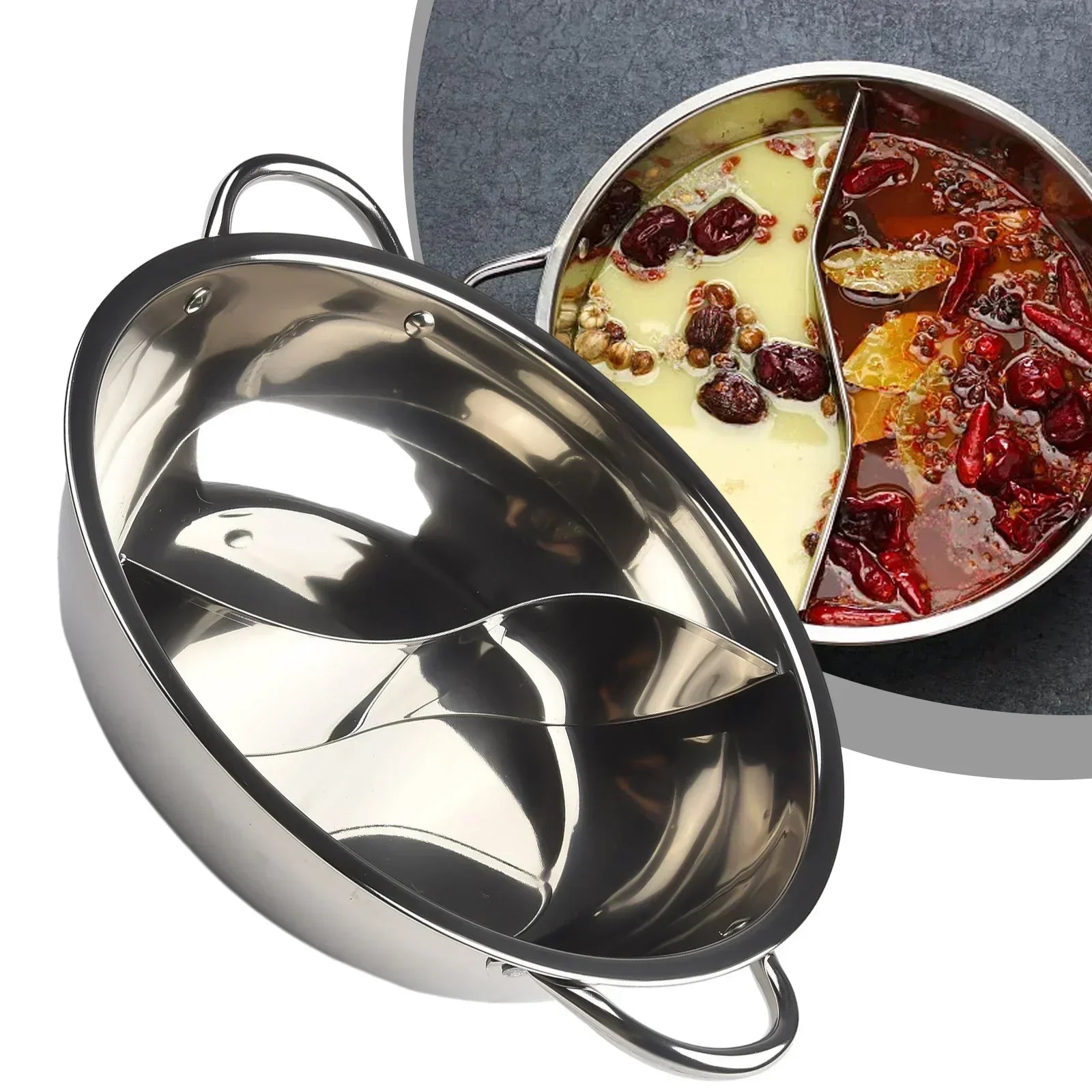 Edelstahl Suki-Pfanne mit Zwei Fächern für Vielseitiges Kochen