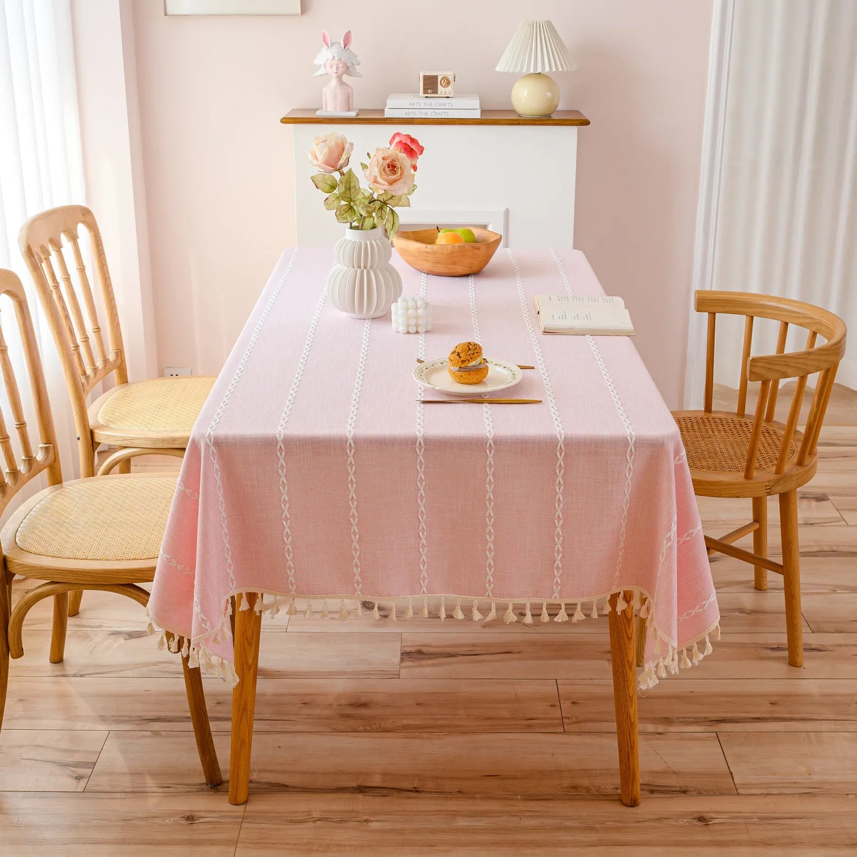 Natürliche Baumwoll-Leinen Tischdecke mit Quasten