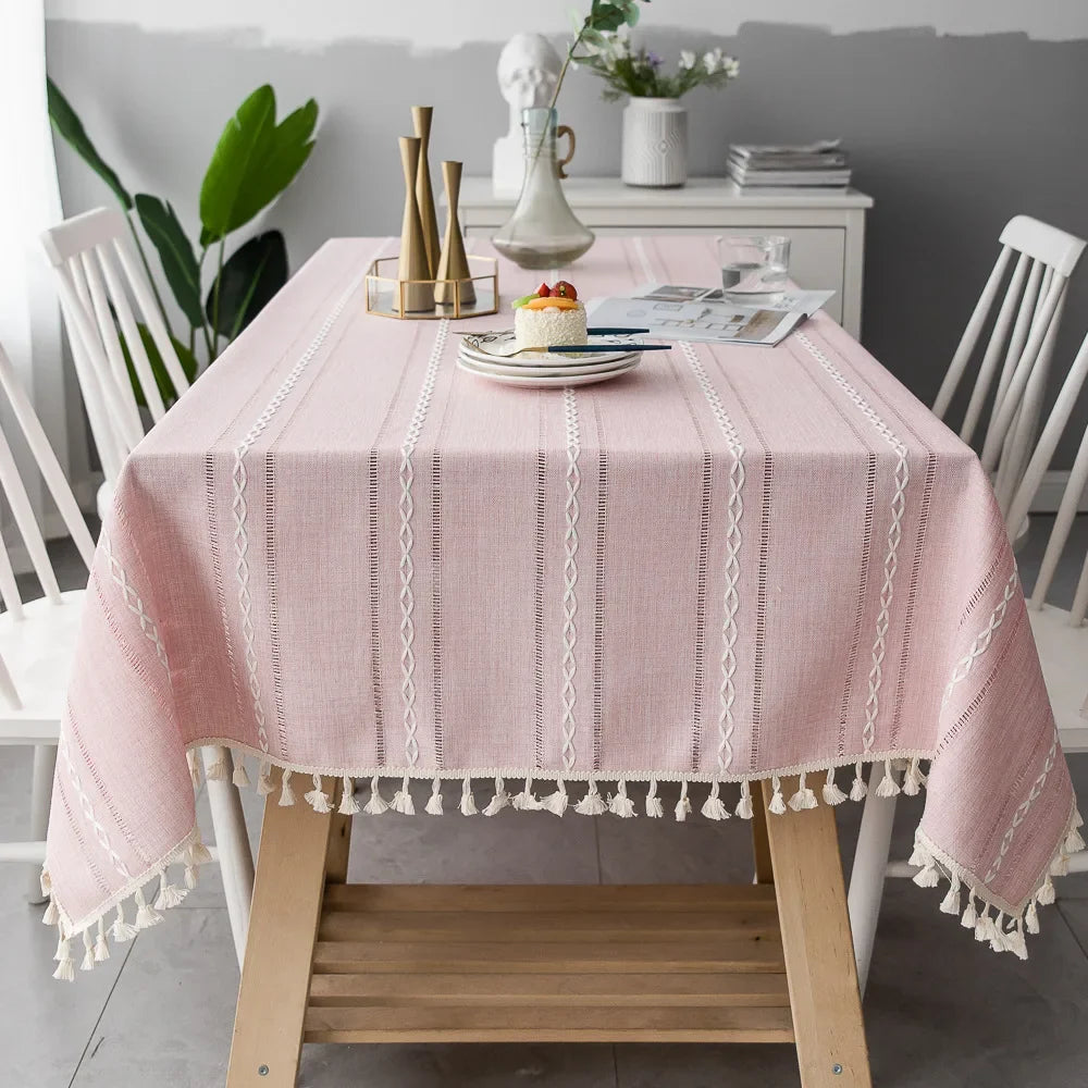 Natürliche Baumwoll-Leinen Tischdecke mit Quasten