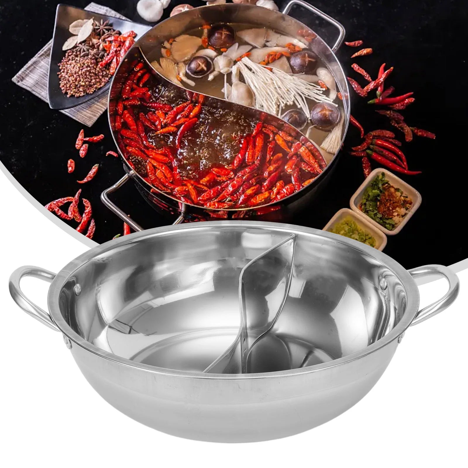 Edelstahl Suki-Pfanne mit Zwei Fächern für Vielseitiges Kochen