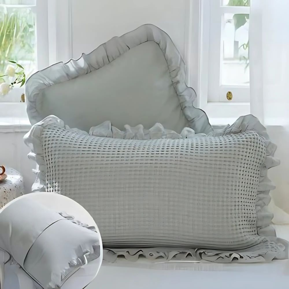 Baumwoll-Kissenhüllen mit Rüschen – Waffelstruktur, 2stk