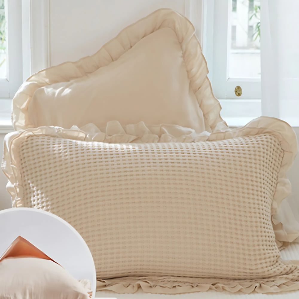 Baumwoll-Kissenhüllen mit Rüschen – Waffelstruktur, 2stk