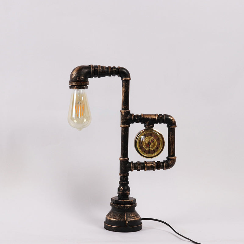 Retro-Tischlampe Aus Metall Mit Uhr – Industriestil In Bronze, Ohne Leuchtmittel