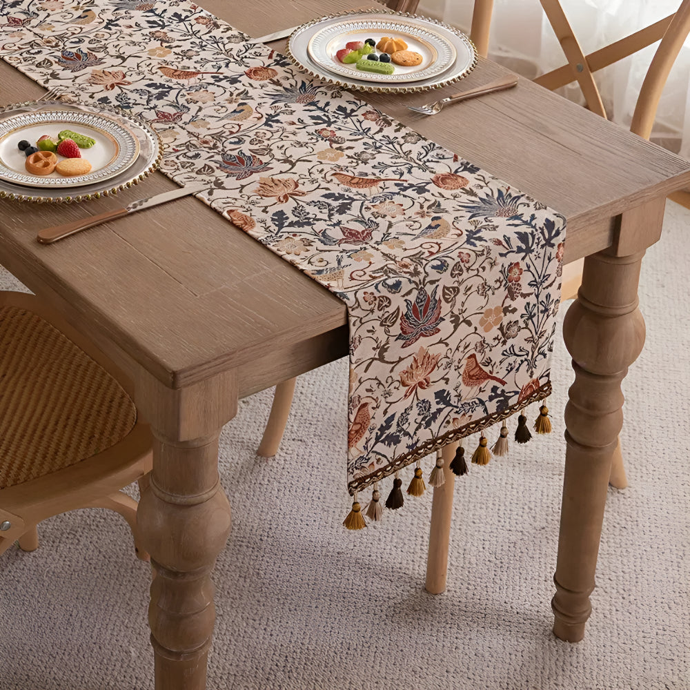 Jacquard Tischläufer mit Vintage-Blumen und Vogelornamenten