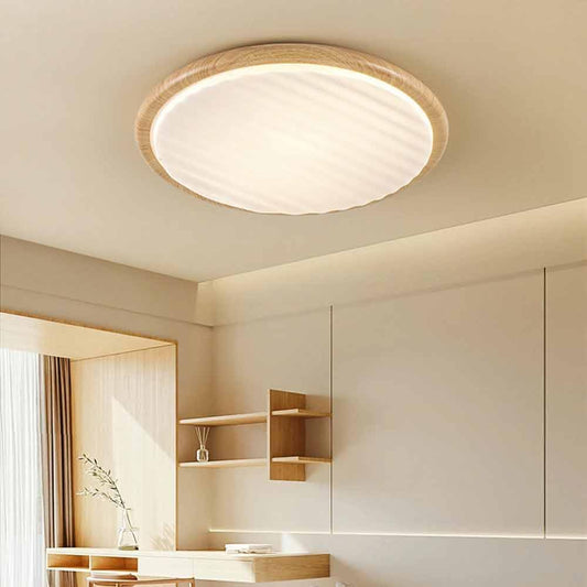 Moderne Runde LED-Deckenleuchte aus Holz mit Falten-Schirm