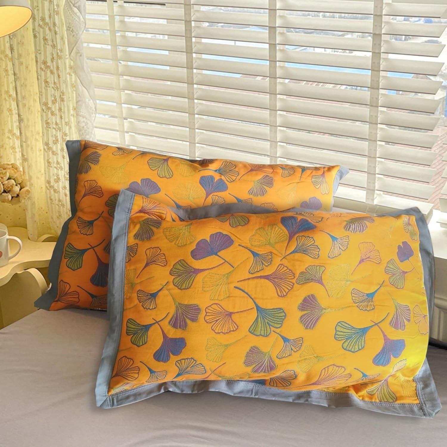 Kissenbezüge aus Baumwolle mit Ginkgo-Stickerei – 2er Set, Elegant & Hochwertig