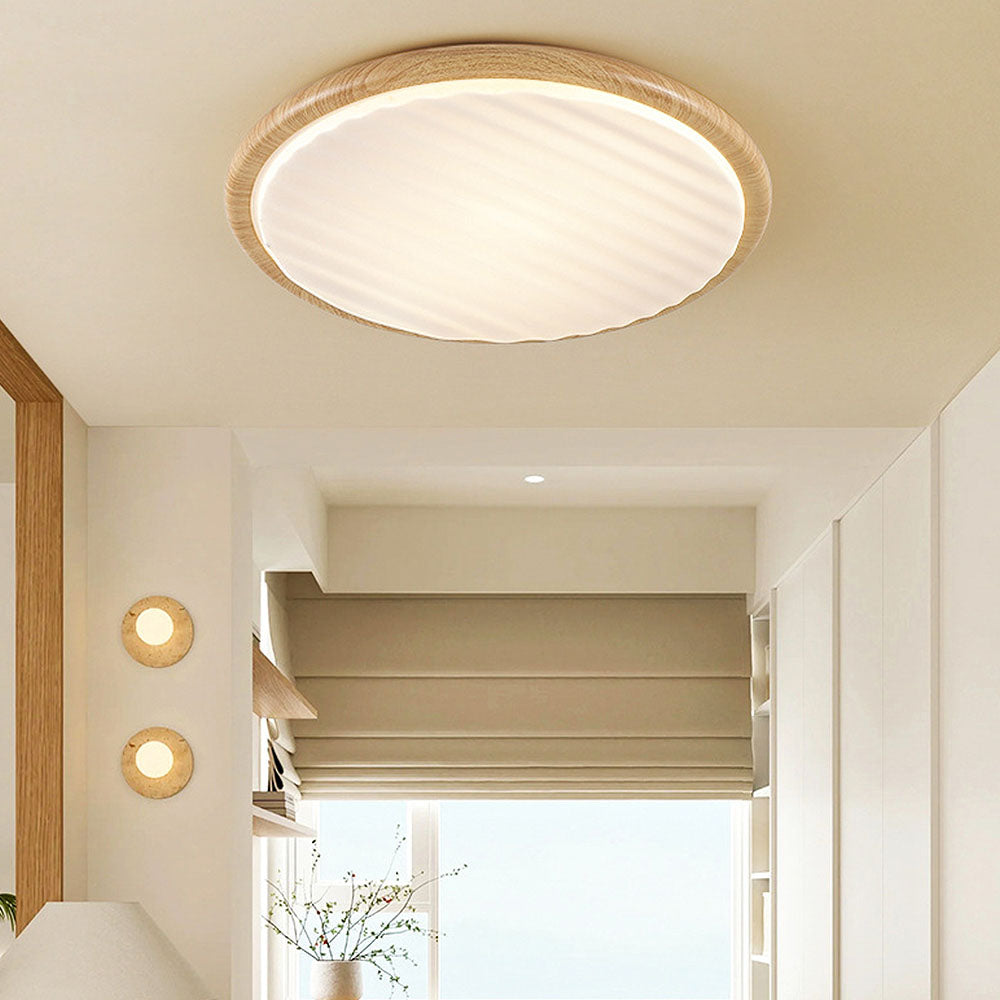 Moderne Runde LED-Deckenleuchte aus Holz mit Falten-Schirm