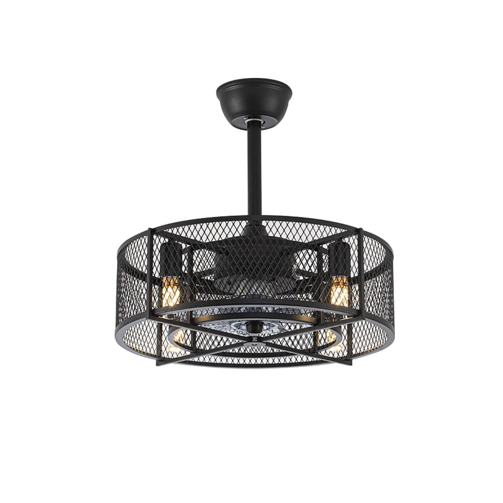 Industrieller Deckenventilator in Schwarz mit 30W Pendelleuchte und Metallgitter