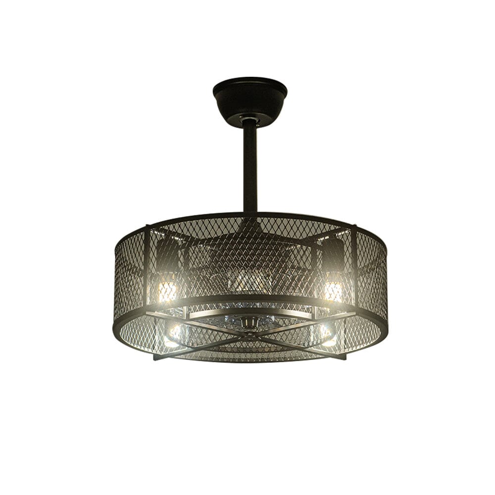 Industrieller Deckenventilator in Schwarz mit 30W Pendelleuchte und Metallgitter