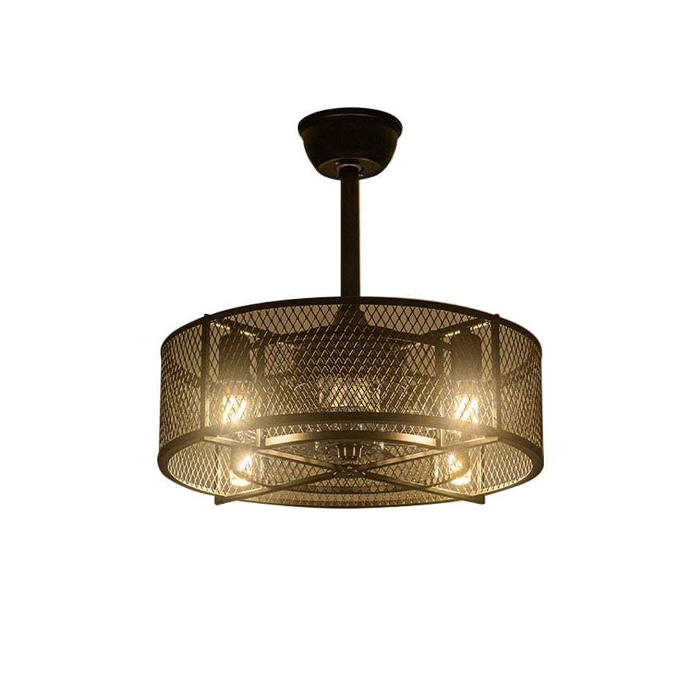 Industrieller Deckenventilator in Schwarz mit 30W Pendelleuchte und Metallgitter