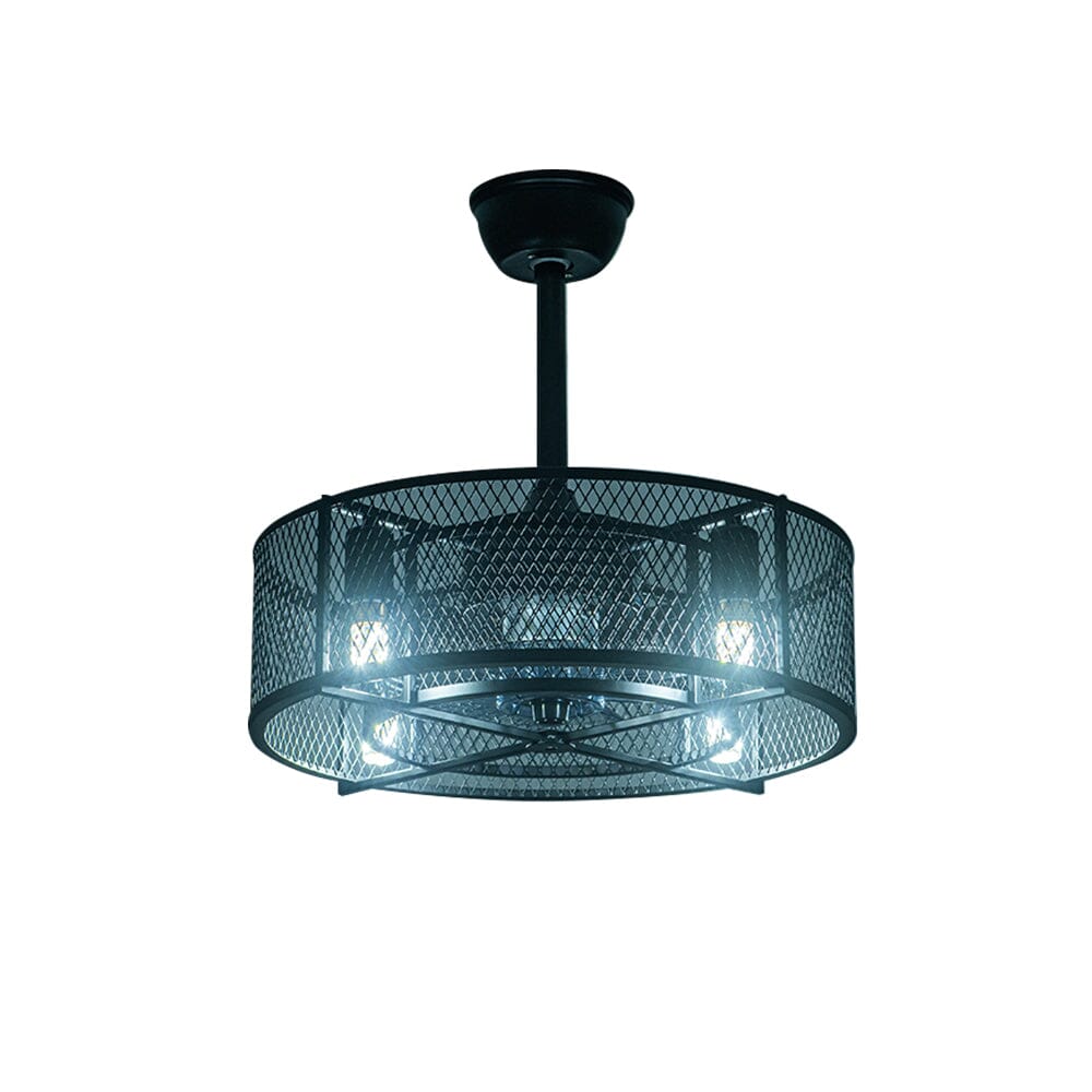 Industrieller Deckenventilator in Schwarz mit 30W Pendelleuchte und Metallgitter