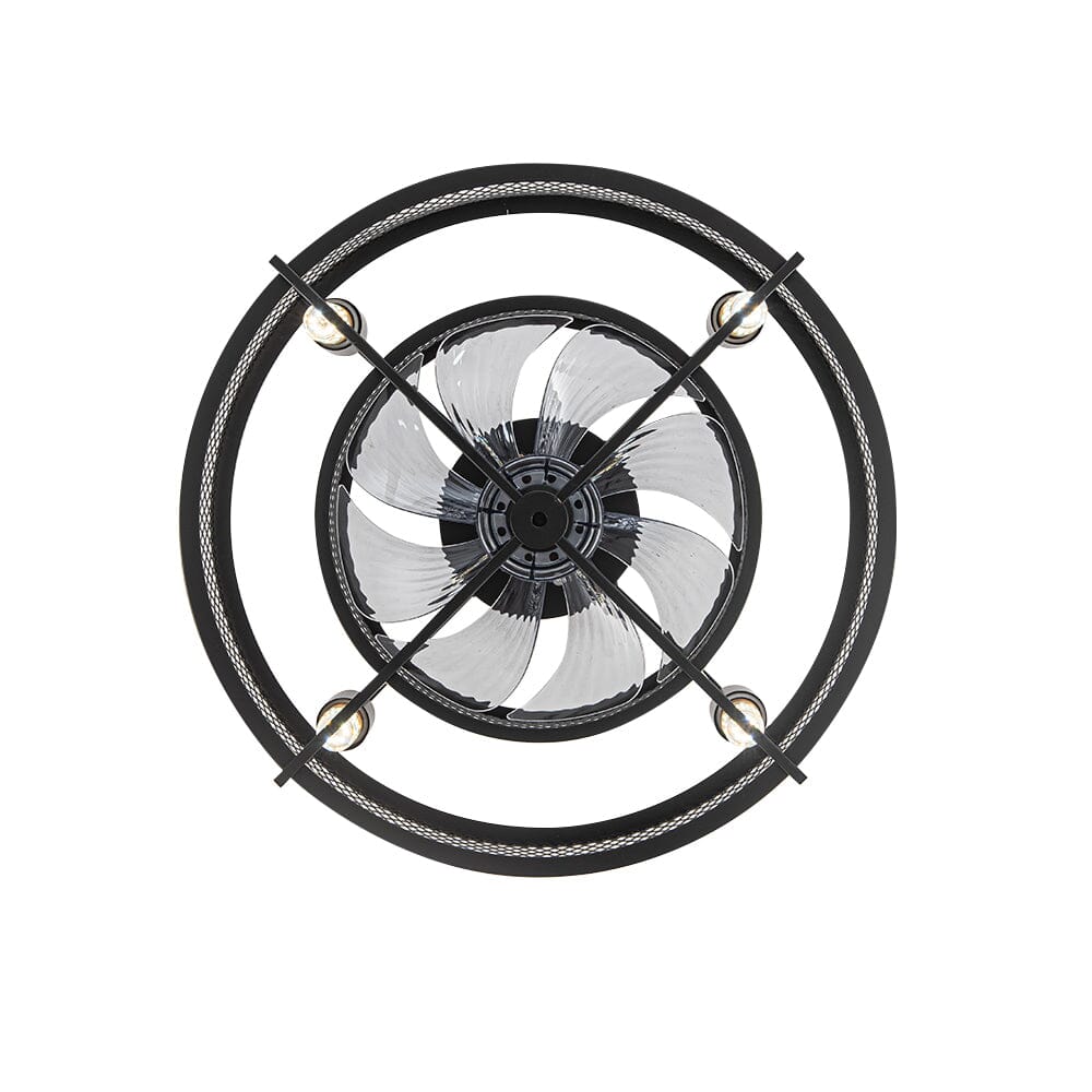 Industrieller Deckenventilator in Schwarz mit 30W Pendelleuchte und Metallgitter