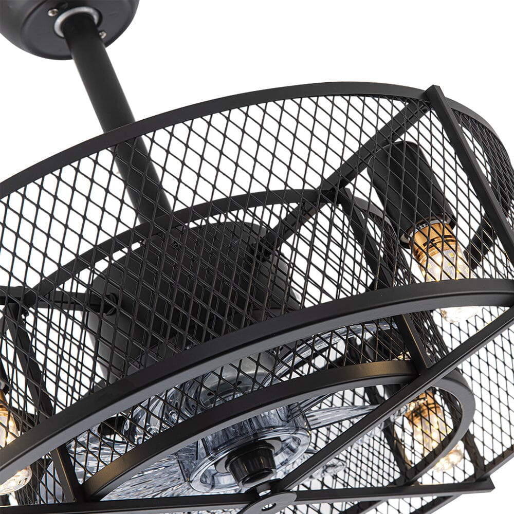Industrieller Deckenventilator in Schwarz mit 30W Pendelleuchte und Metallgitter