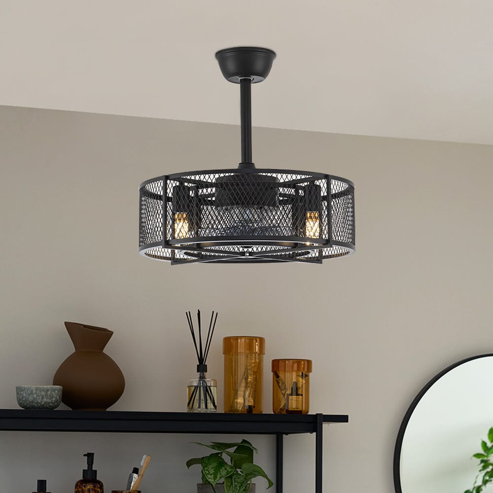 Industrieller Deckenventilator in Schwarz mit 30W Pendelleuchte und Metallgitter