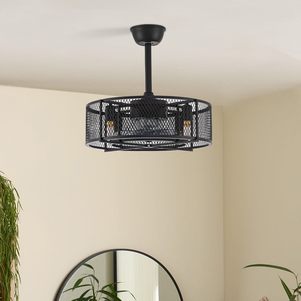 Industrieller Deckenventilator in Schwarz mit 30W Pendelleuchte und Metallgitter