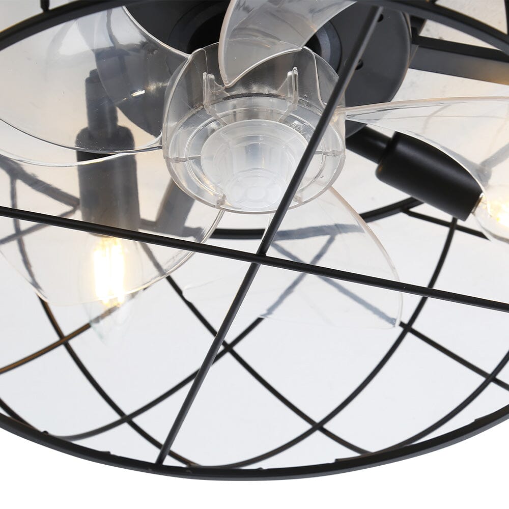 Schwarzer Deckenventilator mit Schutzkäfig und integrierter Beleuchtung