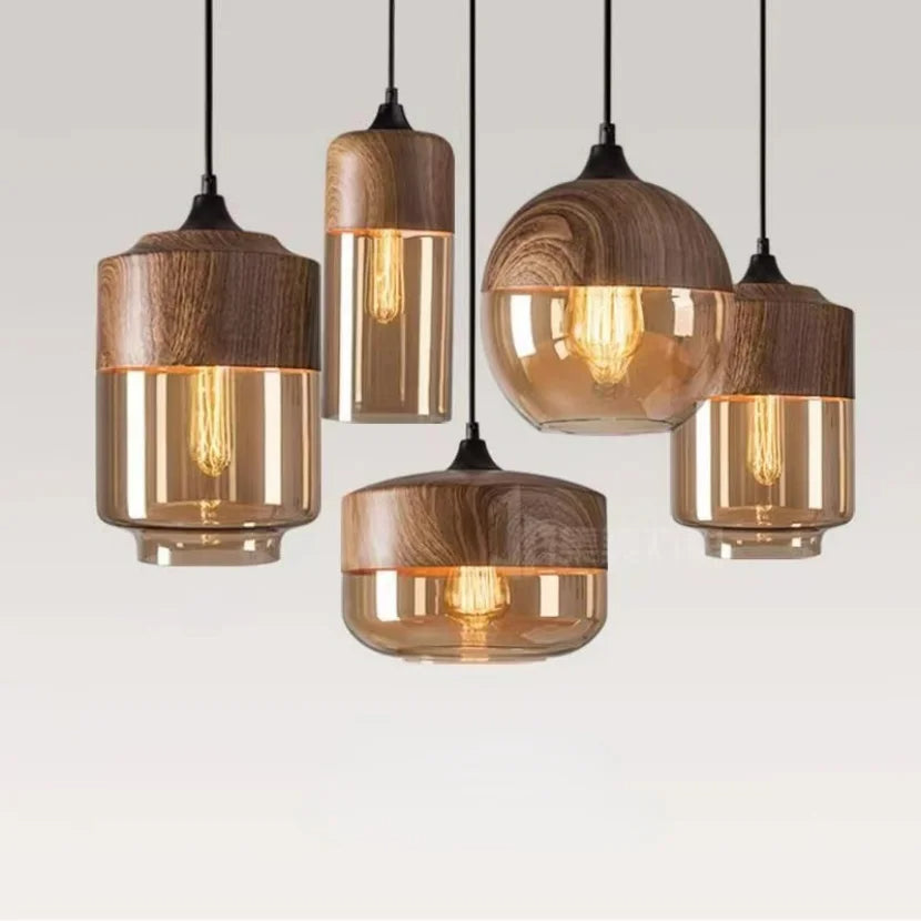 Glas‑Holz‑Pendelleuchte |  Moderner Touch