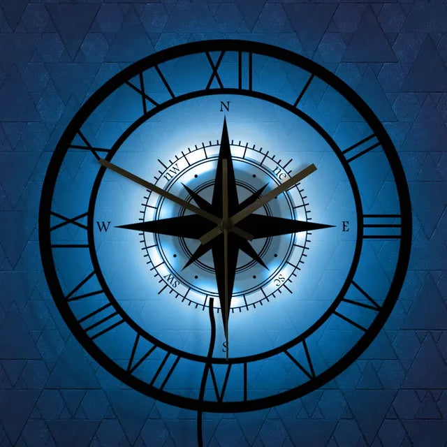 Stilvolle Wanduhr mit Nautischem Kompass-Motiv