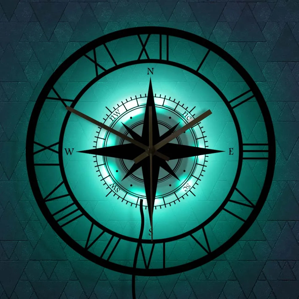 Stilvolle Wanduhr mit Nautischem Kompass-Motiv
