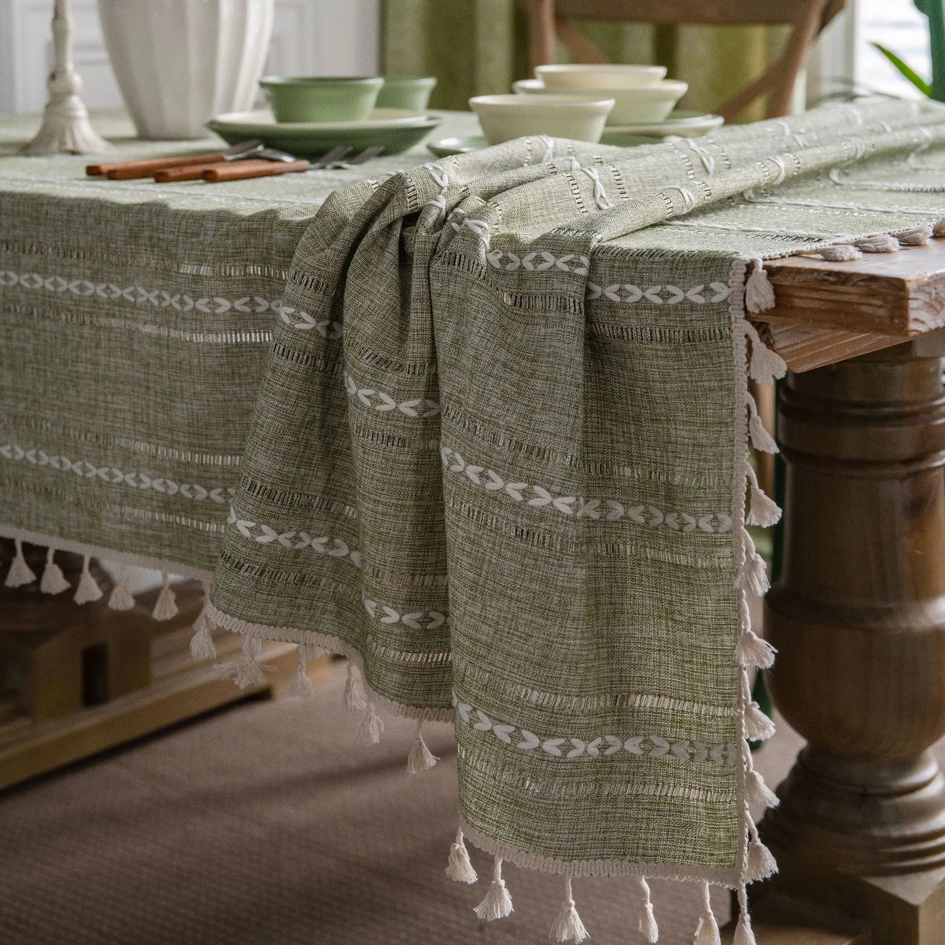 Natürliche Baumwoll-Leinen Tischdecke mit Quasten