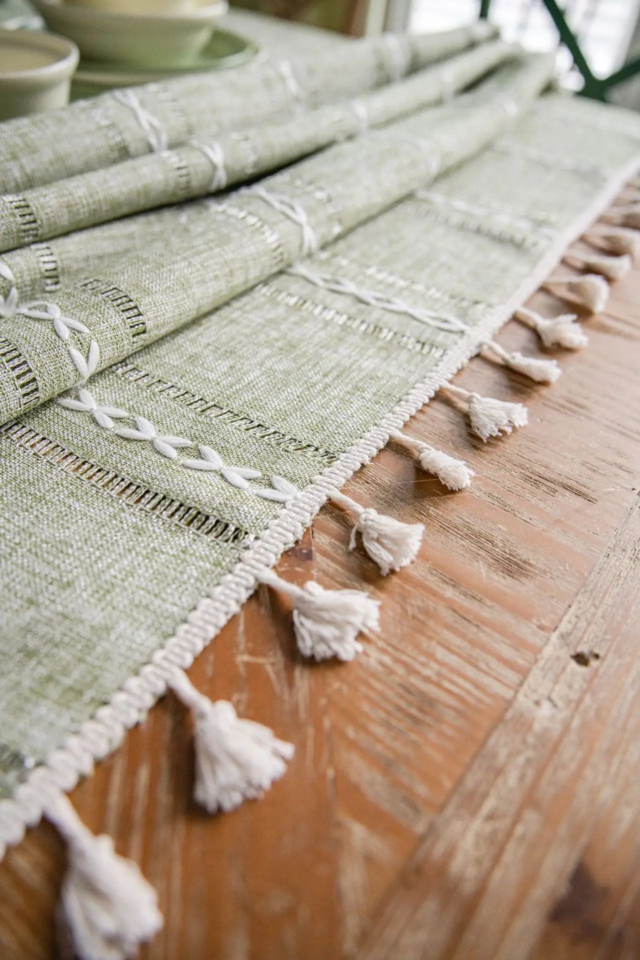 Natürliche Baumwoll-Leinen Tischdecke mit Quasten