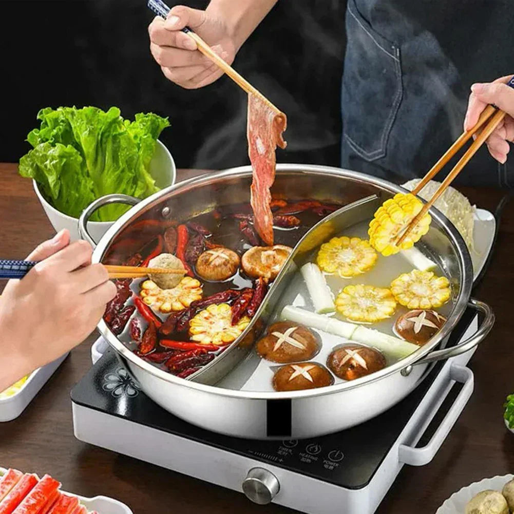 Edelstahl Suki-Pfanne mit Zwei Fächern für Vielseitiges Kochen