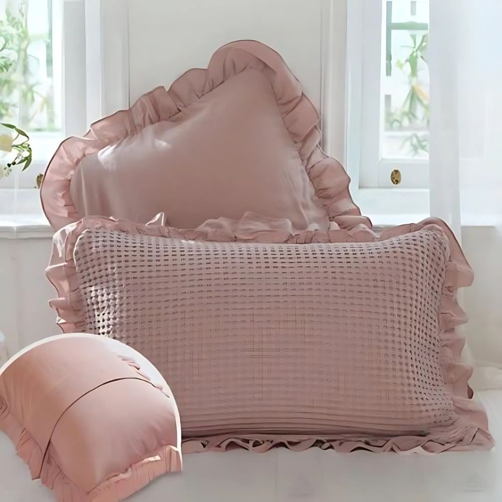 Baumwoll-Kissenhüllen mit Rüschen – Waffelstruktur, 2stk