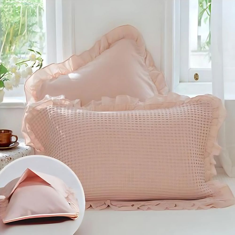 Baumwoll-Kissenhüllen mit Rüschen – Waffelstruktur, 2stk