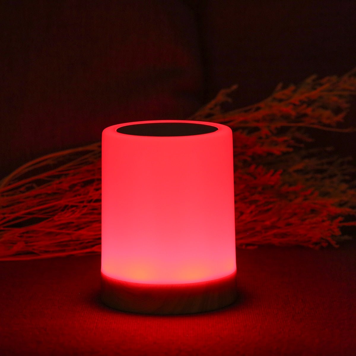 Zylindrische Lampe mit Holzfuß
