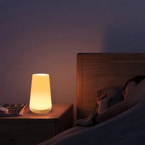 Zylindrische Lampe mit Holzfuß
