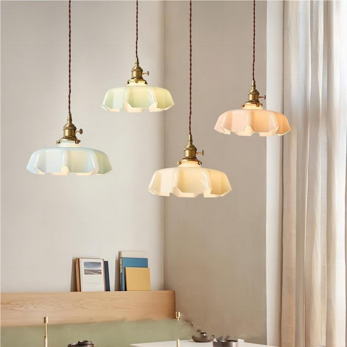 Cremefarbene Retro Glasblume Pendelleuchte